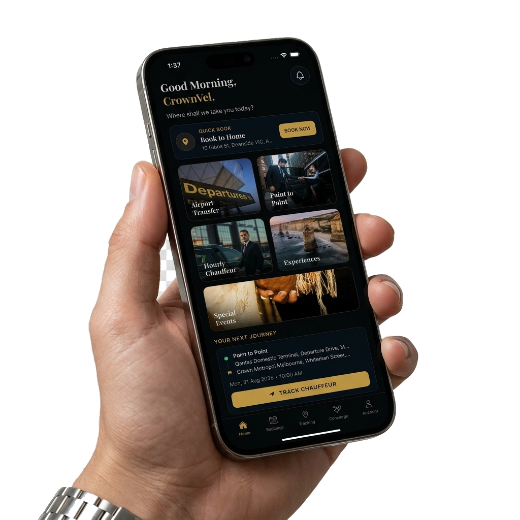 Hand holding the Crownvel Chauffeur app