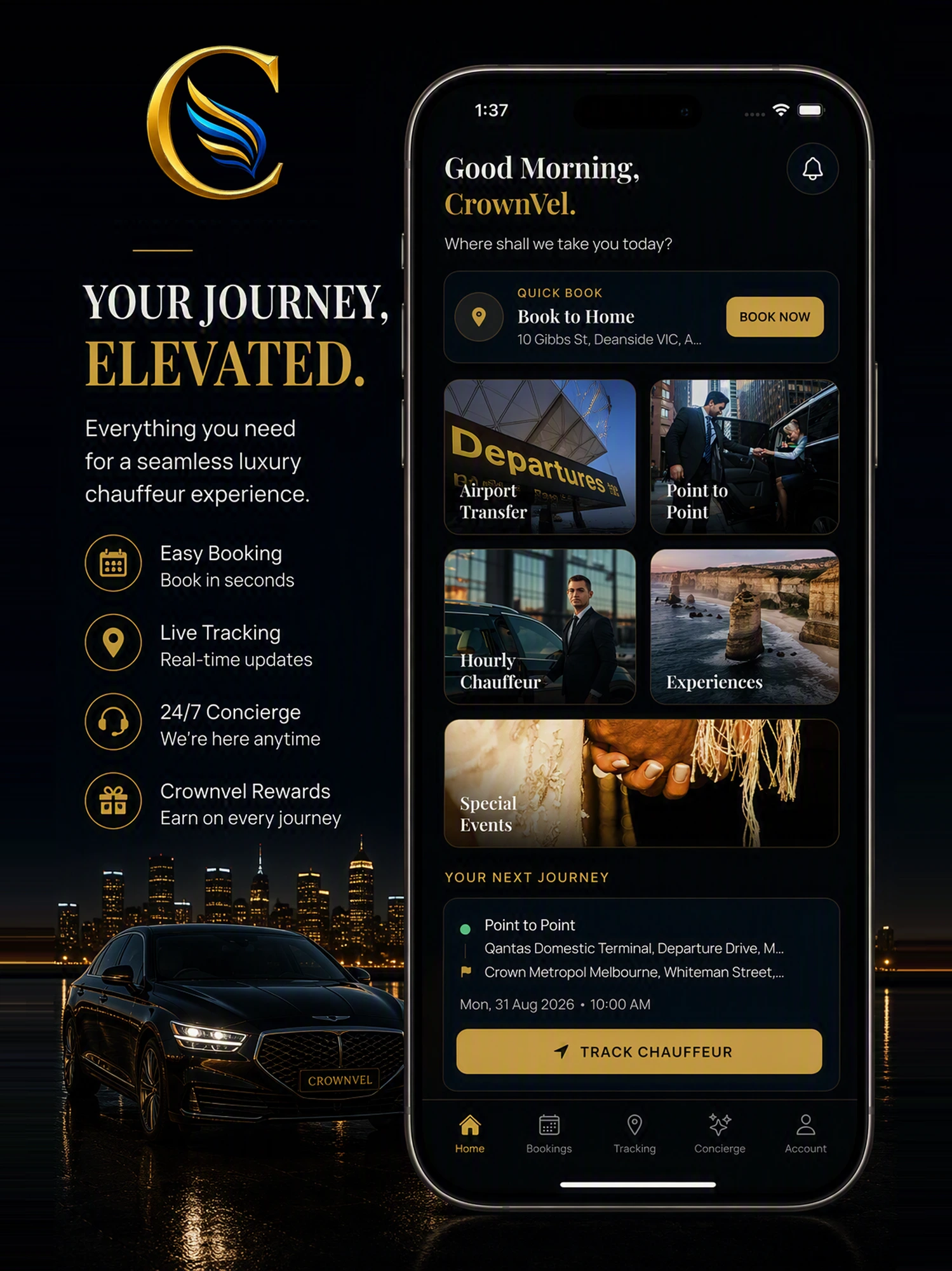 Crownvel Chauffeur app home screen