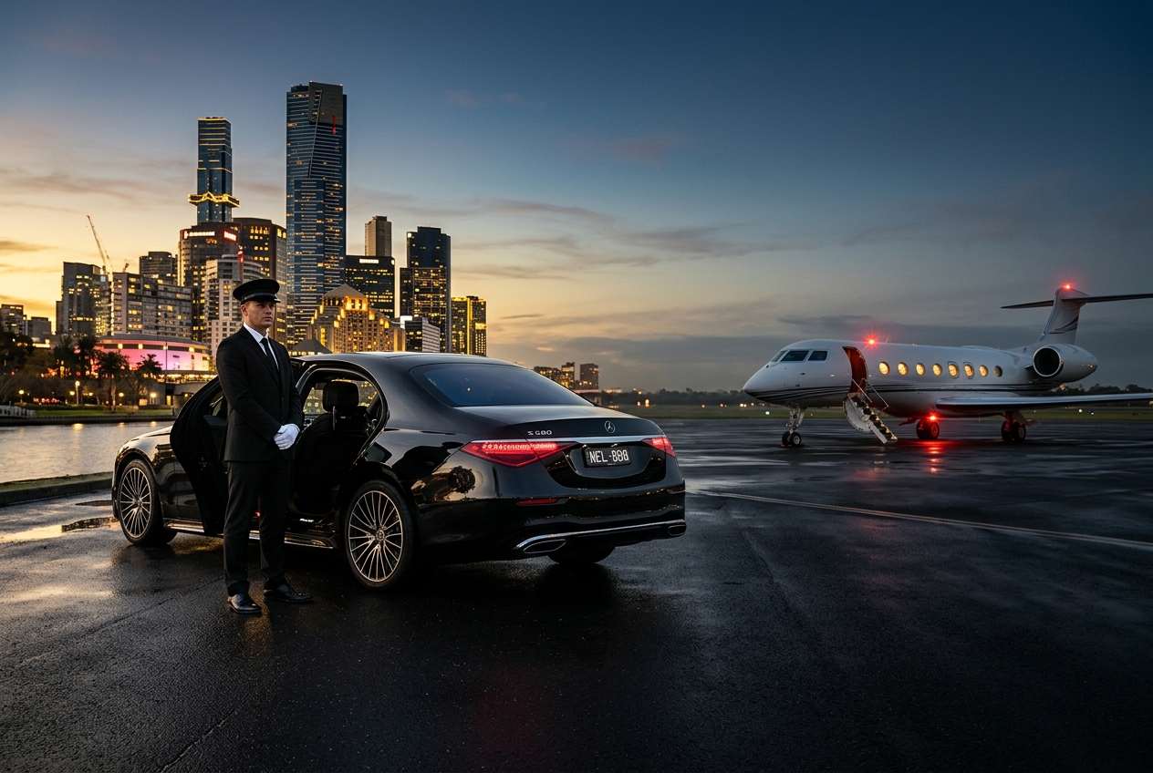 Crownvel chauffeur beside a black luxury sedan with the Melbourne skyline and a private jet at dusk