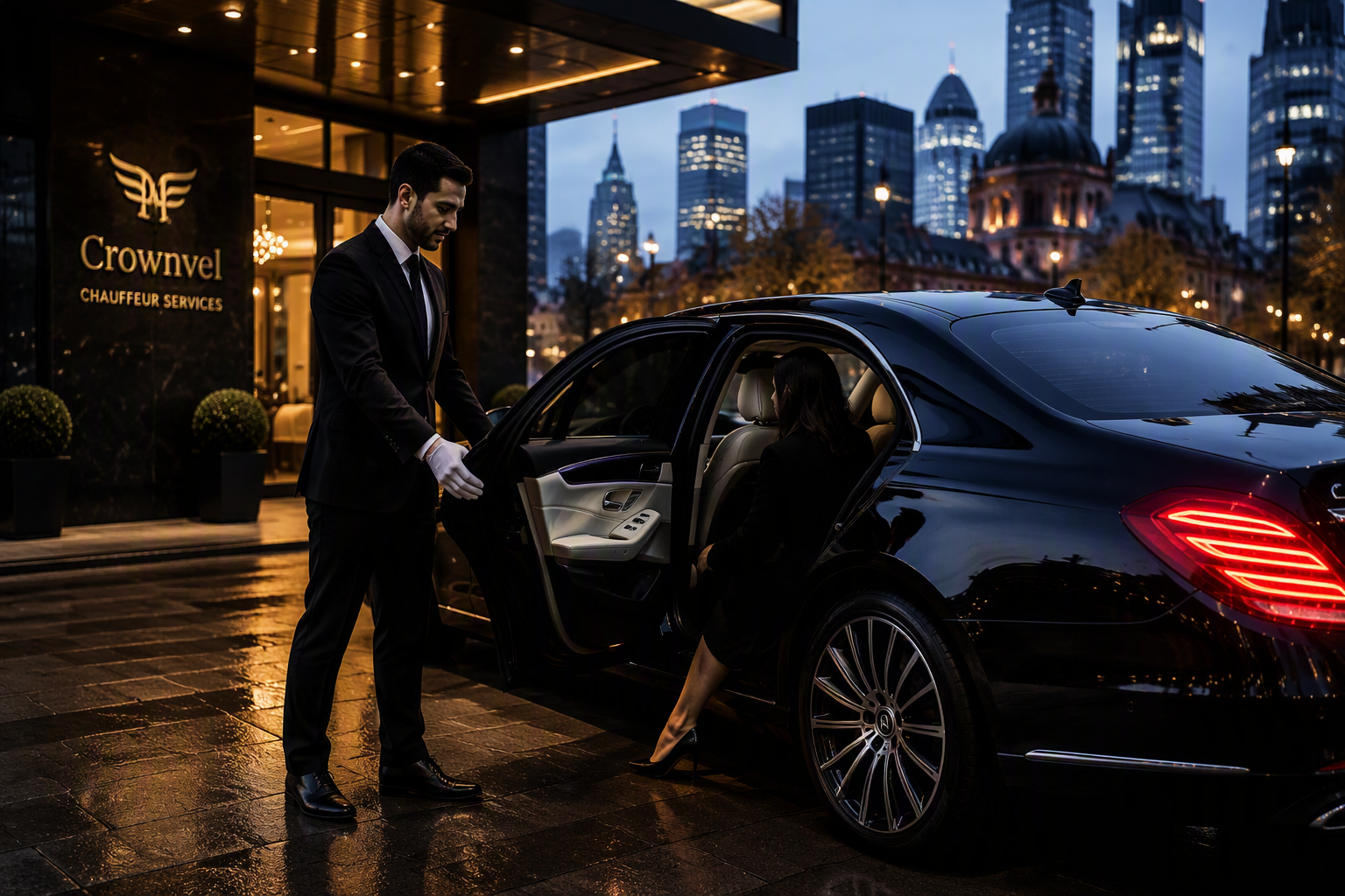 Chauffeur opening the door of a Mercedes S-Class at a luxury hotel entrance