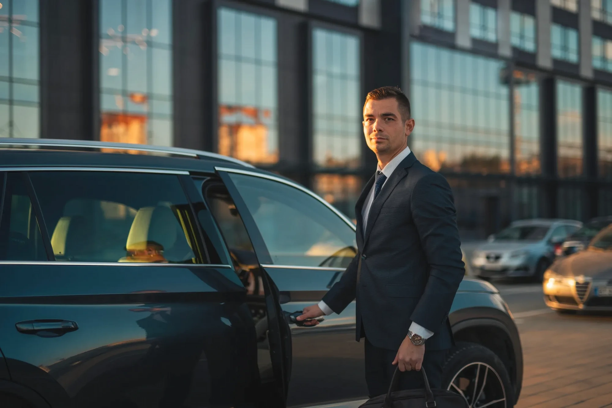 Chauffeur opening the door of a black executive sedan